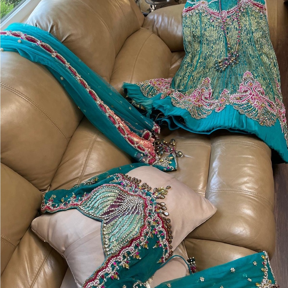Embellished Teal and Pink Top Lengha - Picture 9 of 13